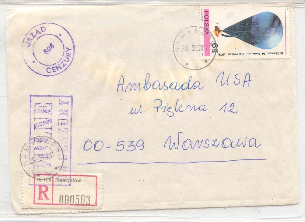 Poland Registered Solidarity Movement Civilcensor 1982 (timbre Ballon balloon Pologne censure)