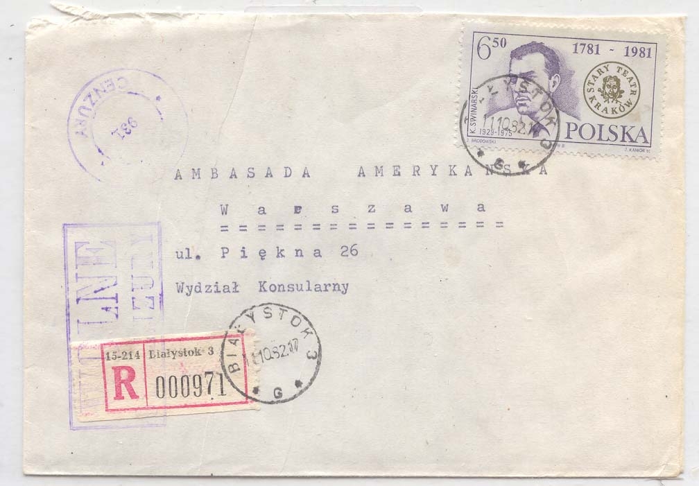 Poland Registered Solidarity Movement Civil censor 1982 (lettre cover censure)