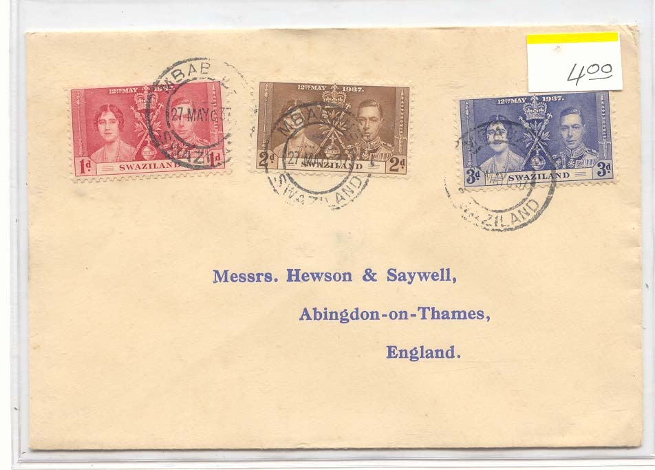 Swaziland 1937 Coronation cover to England (lettre Afrique Africa)