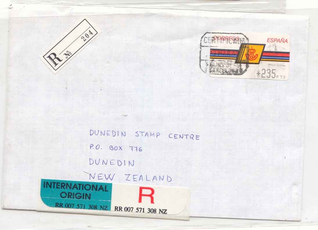 Spain cover with New Zealand registry label Modern use (Espagne lettre)
