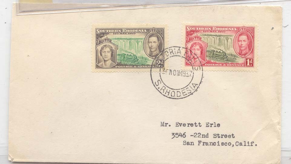 Southern Rhodesia Trains 1937 cover to US (lettre afrique africa)