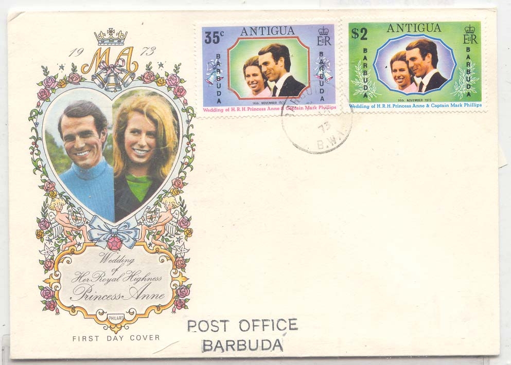Antigua SG 102-3 Wedding of Princess Anne a Captain MArk Phillips FDC 1 er jour (25 covers exist)