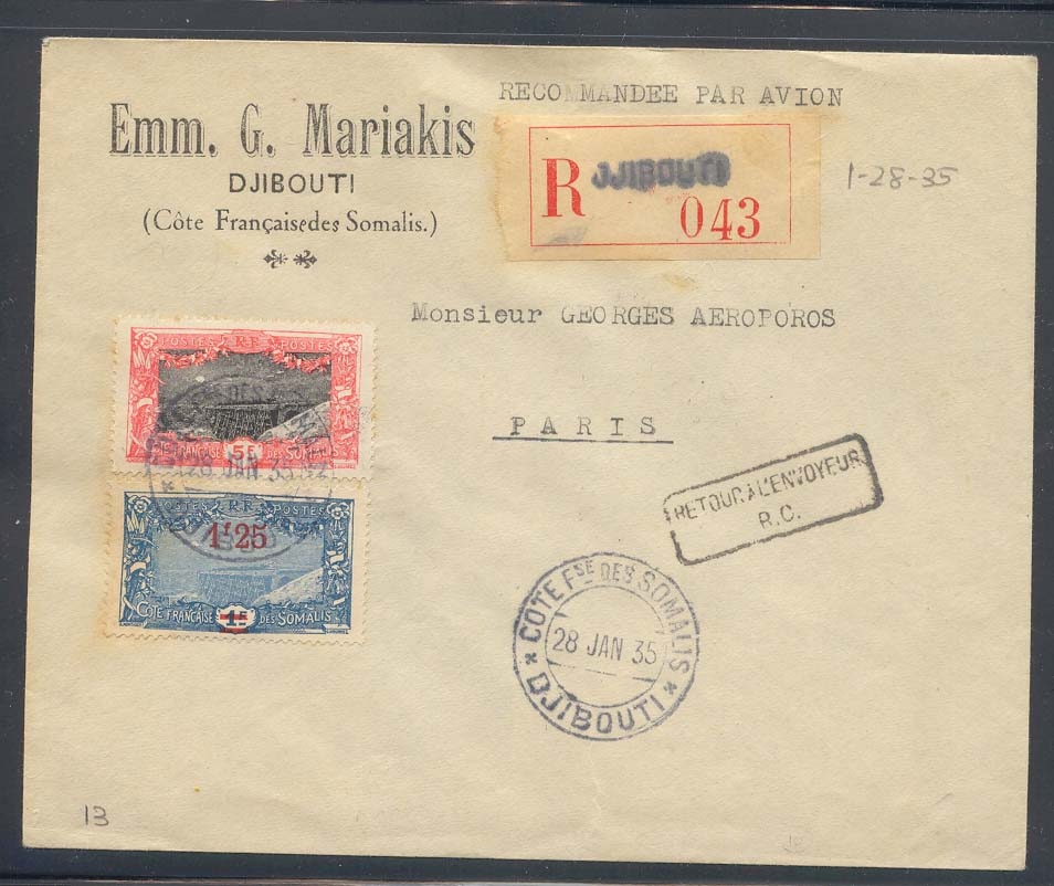 Cote des Somalis Vol Djibouti France du 28 1 1935 (flight lettre)