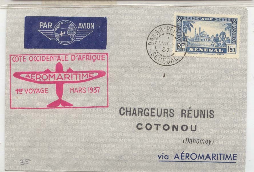 Senegal Vol Dakar Cotonou (Dahomey) 1 Mar 1937 (liaison Dakar Niamey 1er vol first flight)