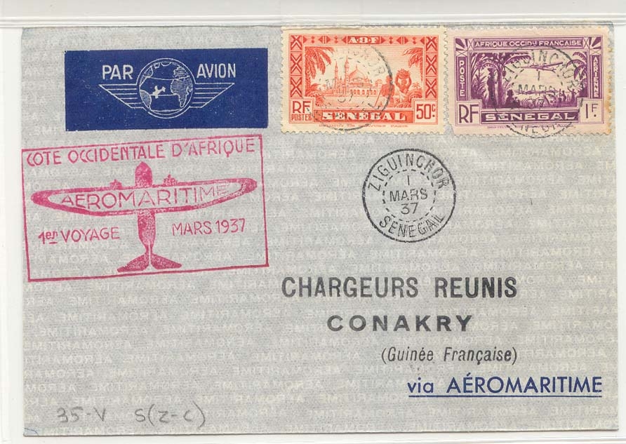 Senegal Vol Ziguinchor Conakry (Guinee) 1 Mar 1937 (1er vol first flight)