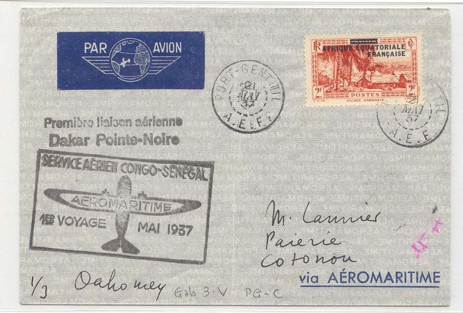 Senegal 1er vol Dakar Pointe Noire 21 mai 1937 cachet Port Gentil (1st flight lettre)