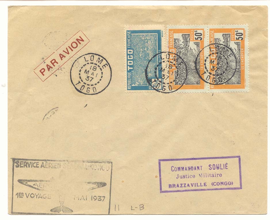 Senegal Vol Senegal Congo Pointe Noire au depart de Lome (Togo) pour Brazzaville 18 MAi 37 (flight vol lettre)