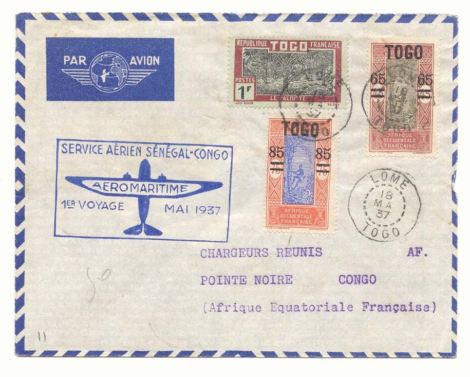 Senegal Vol Senegal Congo Pointe Noire au depart de Lome (Togo) 18 MAi 37 (flight vol lettre)
