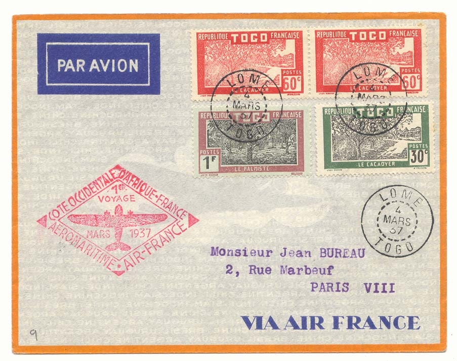 Lome (Togo) 4 MAr 37 pour Paris 1er vol (1st flight vol lettre)