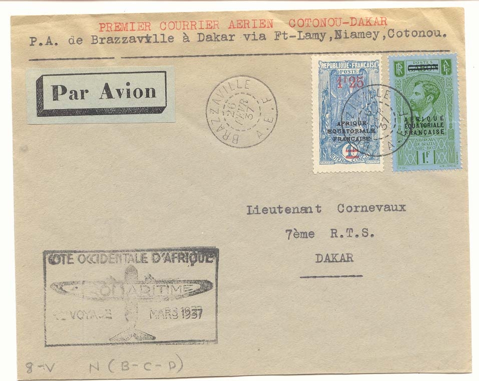 Dahomey Cotonou Dakar Vol du 26 FEV 37 via Brazzaville Congo (1er vol flight)