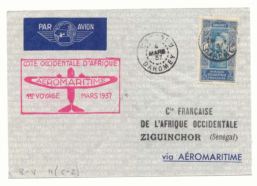 Dahomey Cotonou pour Ziguinchor (Senegal) 4 MAr 37 aeromaritime (vol flight)