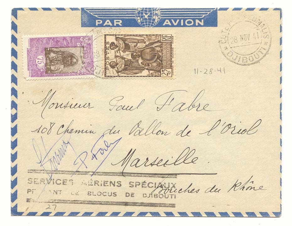Cote des Somalis 28 NOV 41 + griffe Services aeriens speciaux pendant le blocus (vol flight) RaRe